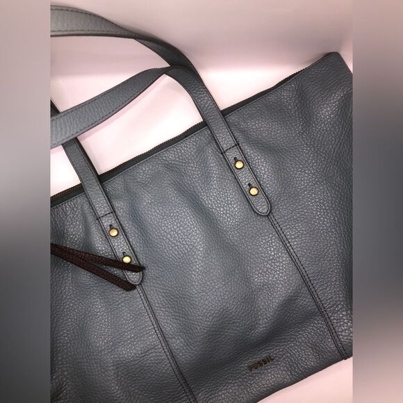Fossil Jenna Denim Blue Brown Pebbled Leather Tote Shoulder Bag - Picture 1 of 10